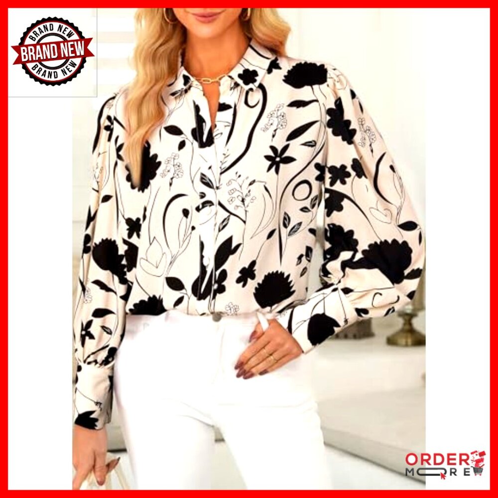 Long Sleeve Button Down Blouse, Polyester, Deep V… - image 2